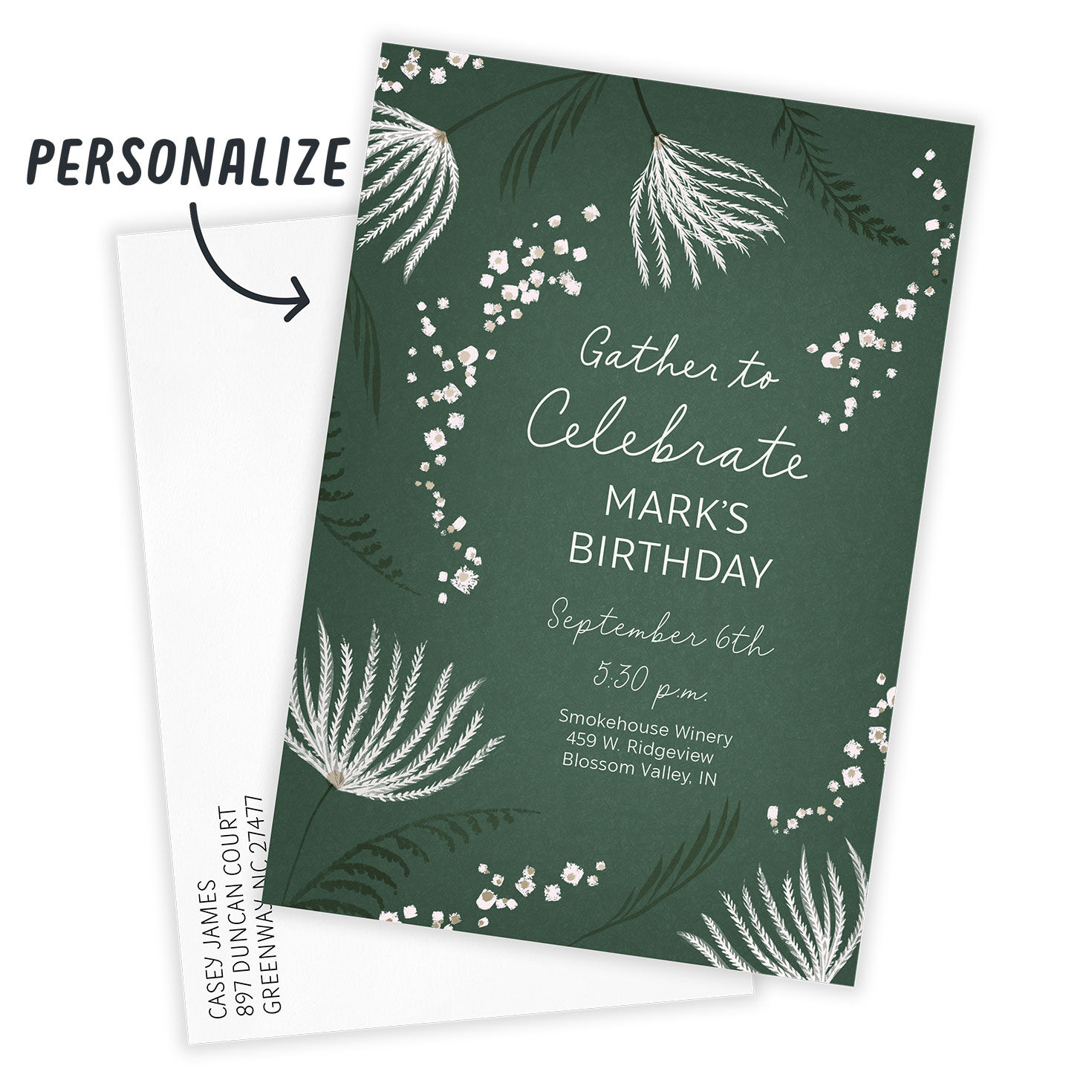 Ferns on Dark Green Personalized Party Invitation Card Front indicating personalization image number 2