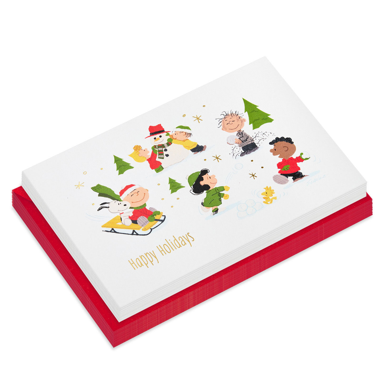 Peanuts Gang Snow Fun Boxed Christmas Card Pack front stacked image number 2