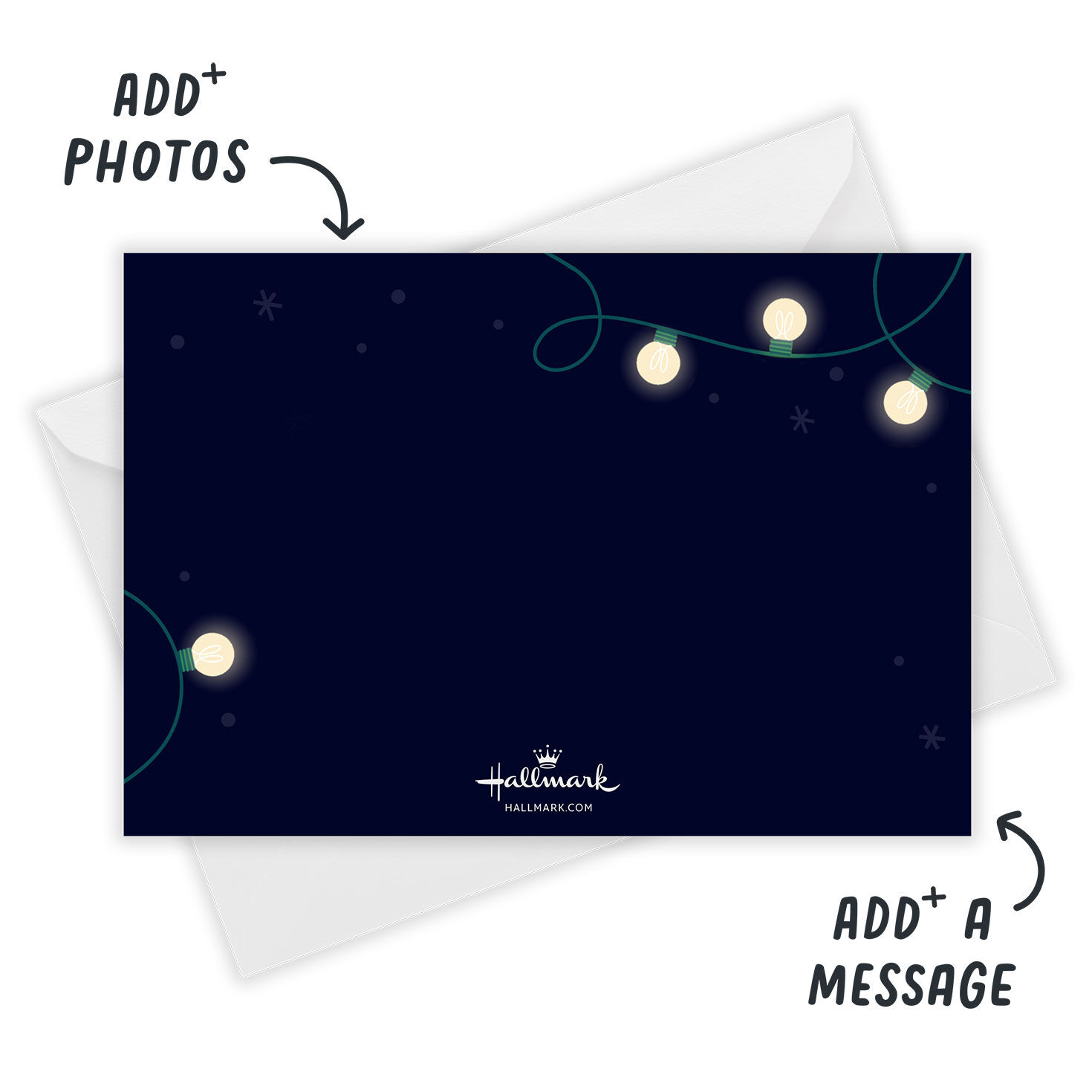 String of Round Lights Personalized Christmas Photo Card Open Card with Envelope indicating personalization image number 3