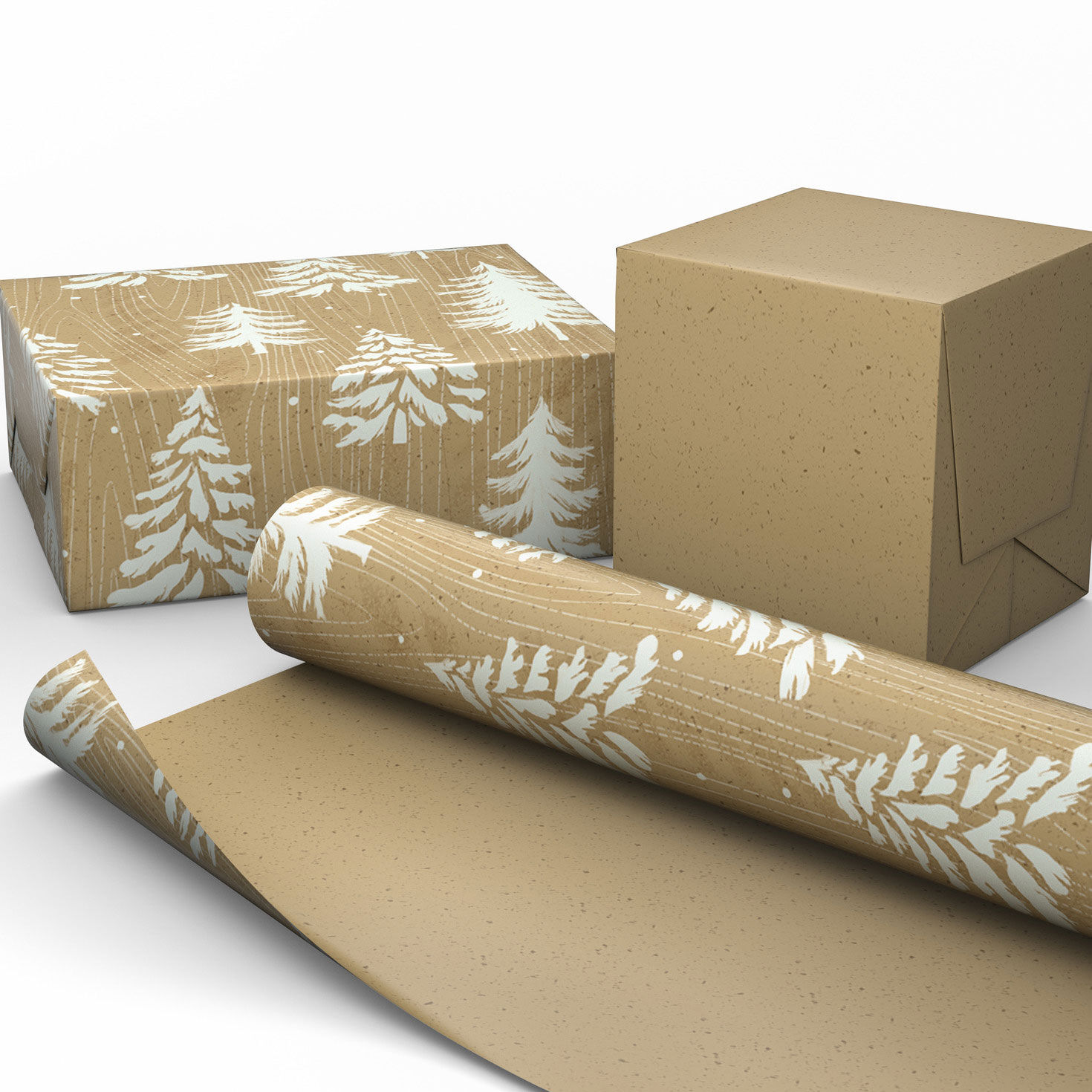 White Trees on Woodgrain Kraft Reversible Gift Wrap Wrapped pkg image number 2