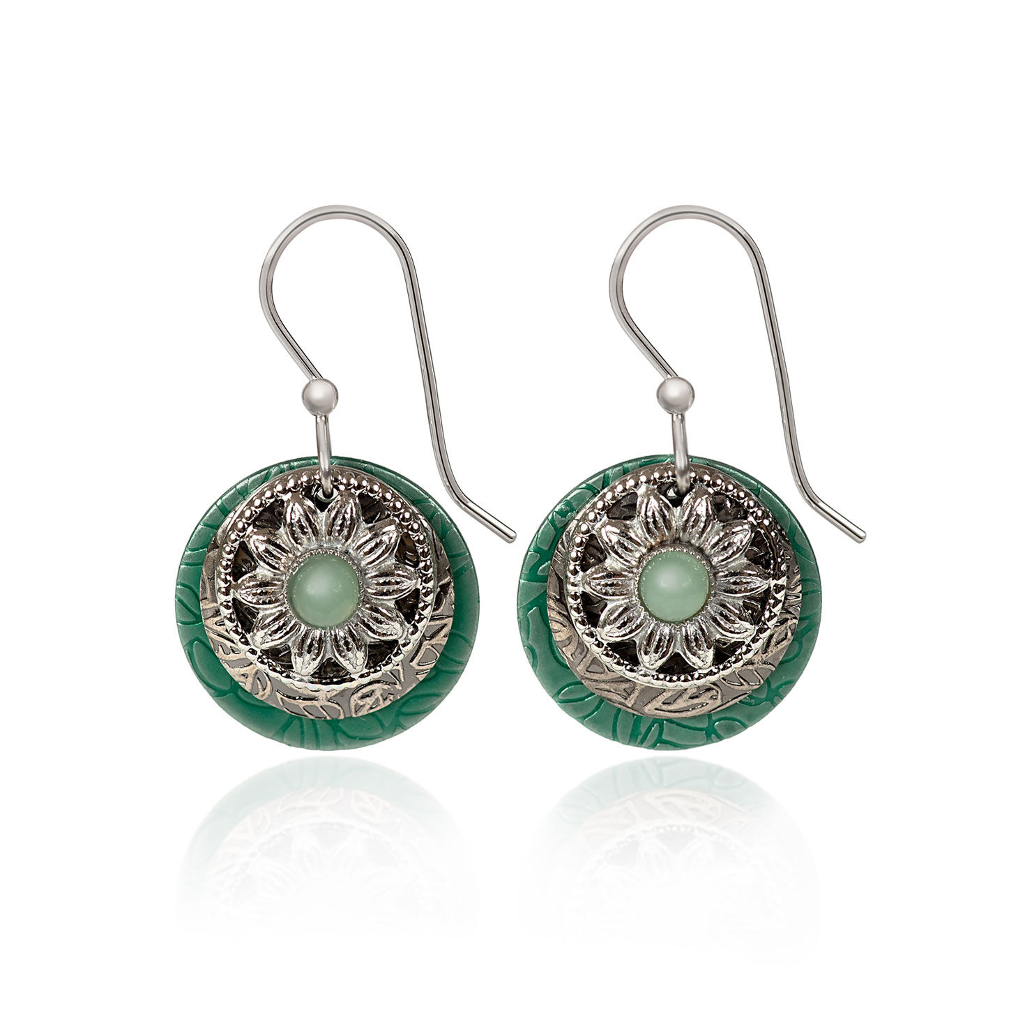 Silver Forest Green Stone and Silver-Tone Metal Flower Layered Drop Earrings for only USD 21.00 | Hallmark