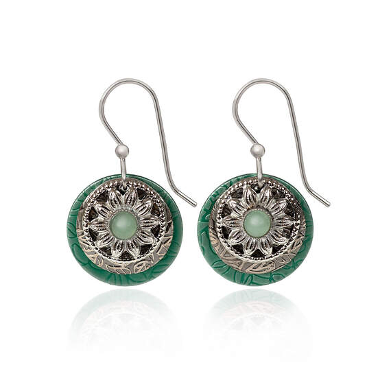 Silver Forest Green Stone and Silver-Tone Metal Flower Layered Drop Earrings, , large image number 1