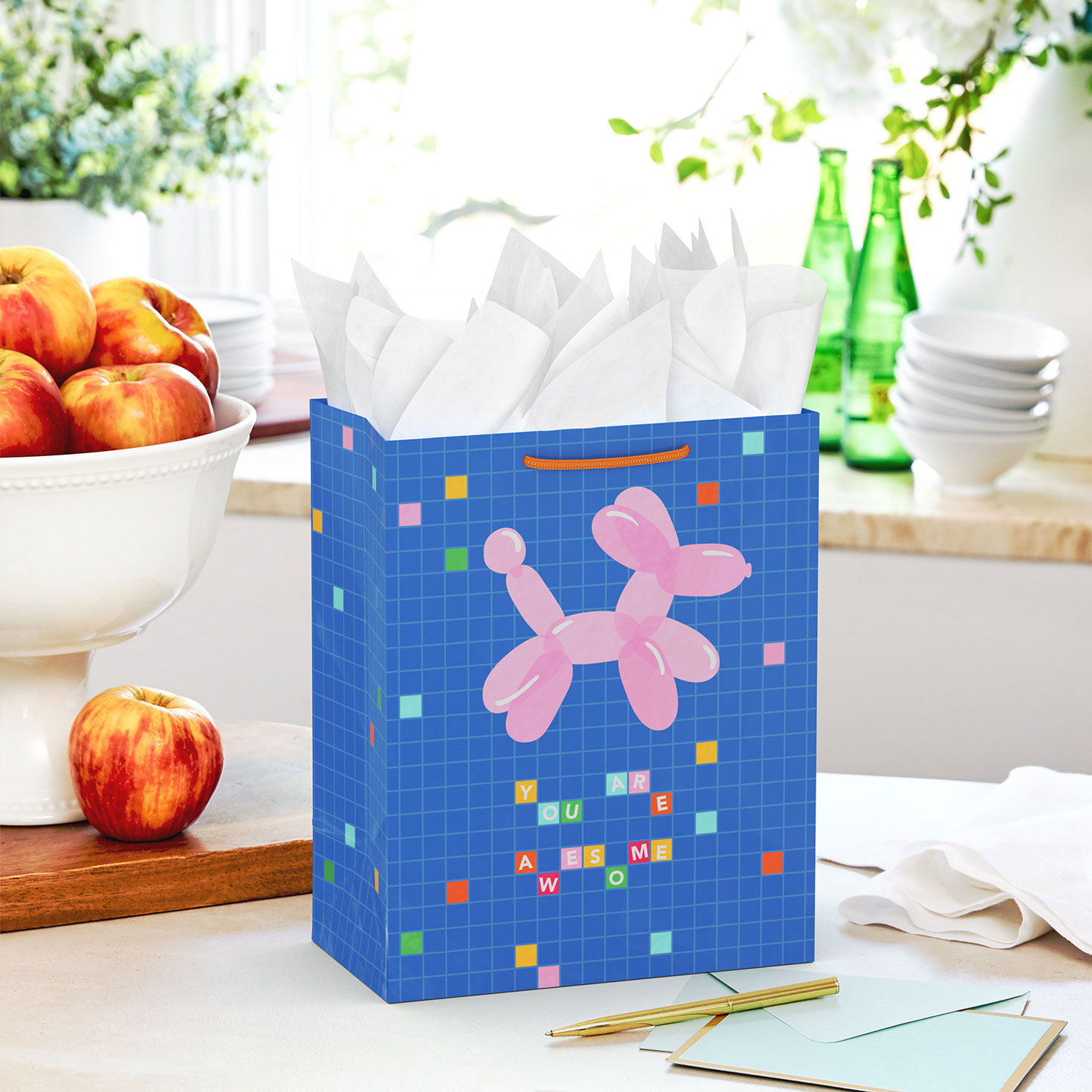 Pink Dog on Blue Medium Gift Bag in use image number 2