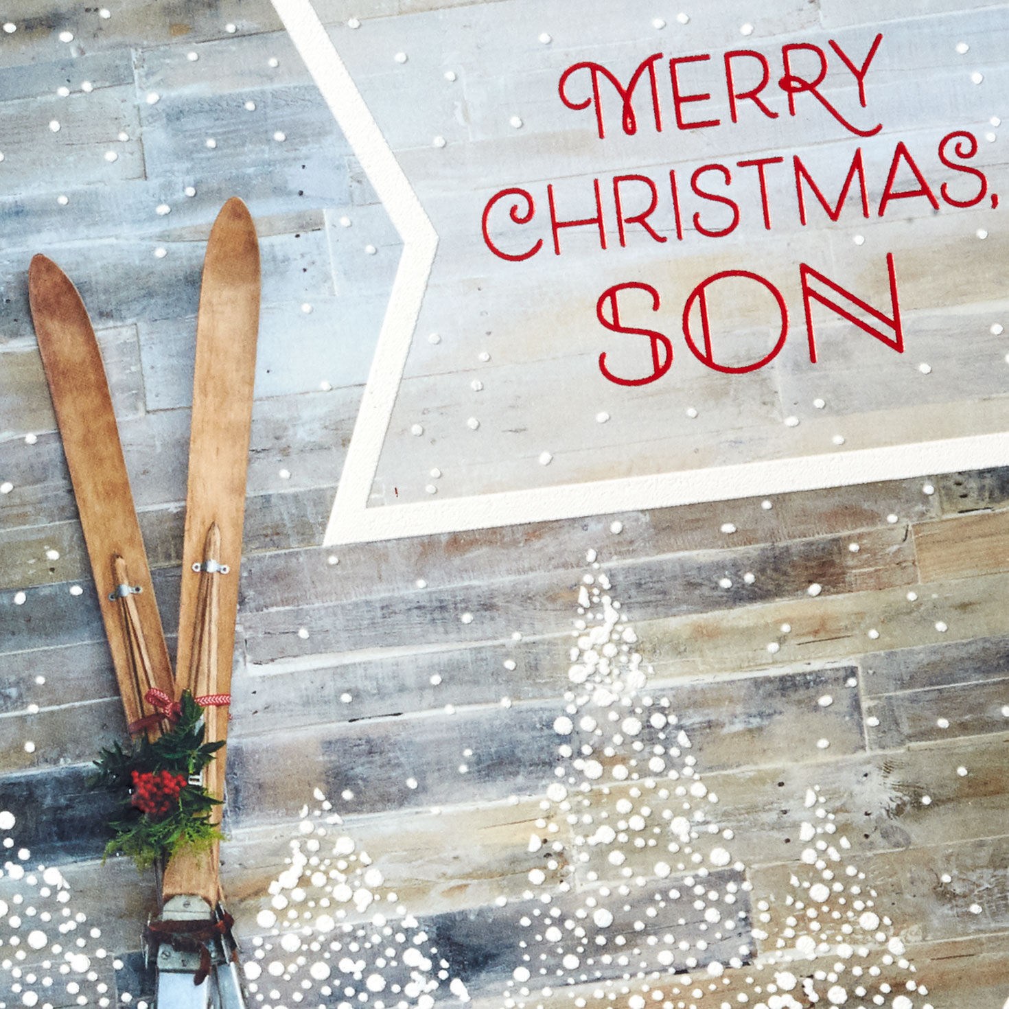 Vintage Wood Skis in Basket Son Christmas Card Card Front Detail image number 5