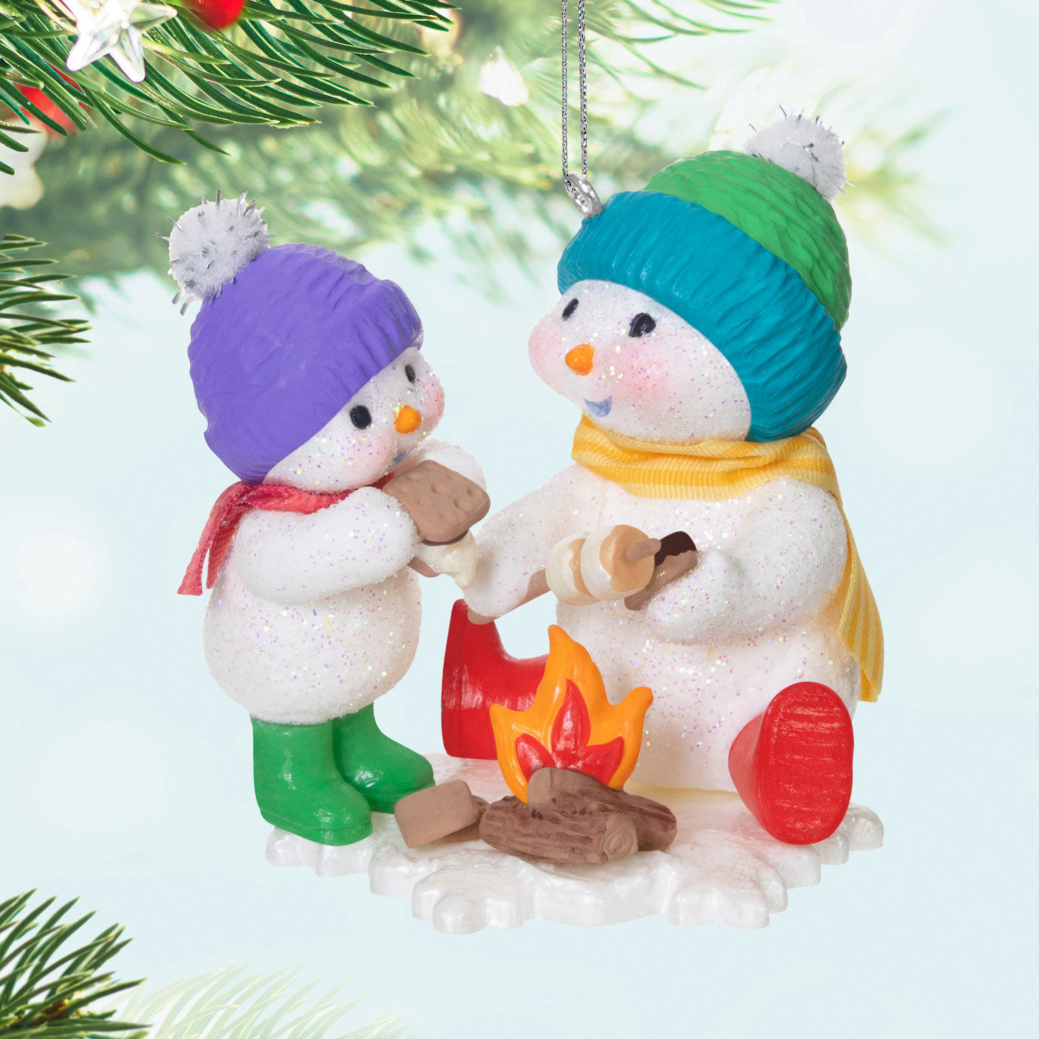 Snowmen Roasting Marshmallows Keepsake Ornament Hanging on tree image number 2