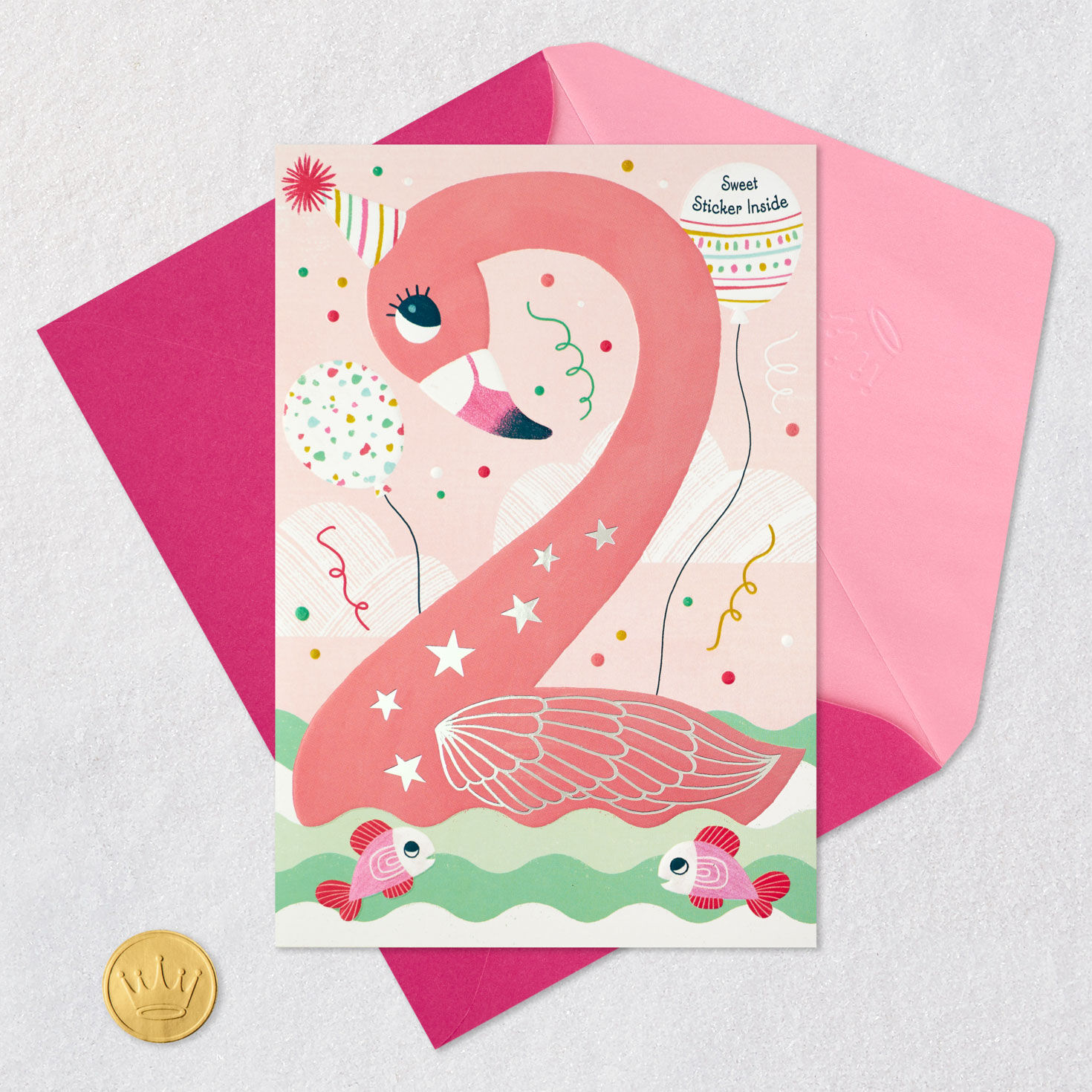 2nd Birthday Card for Girl With Flamingo Sticker Card Front with Envelope and Gold Seal image number 6