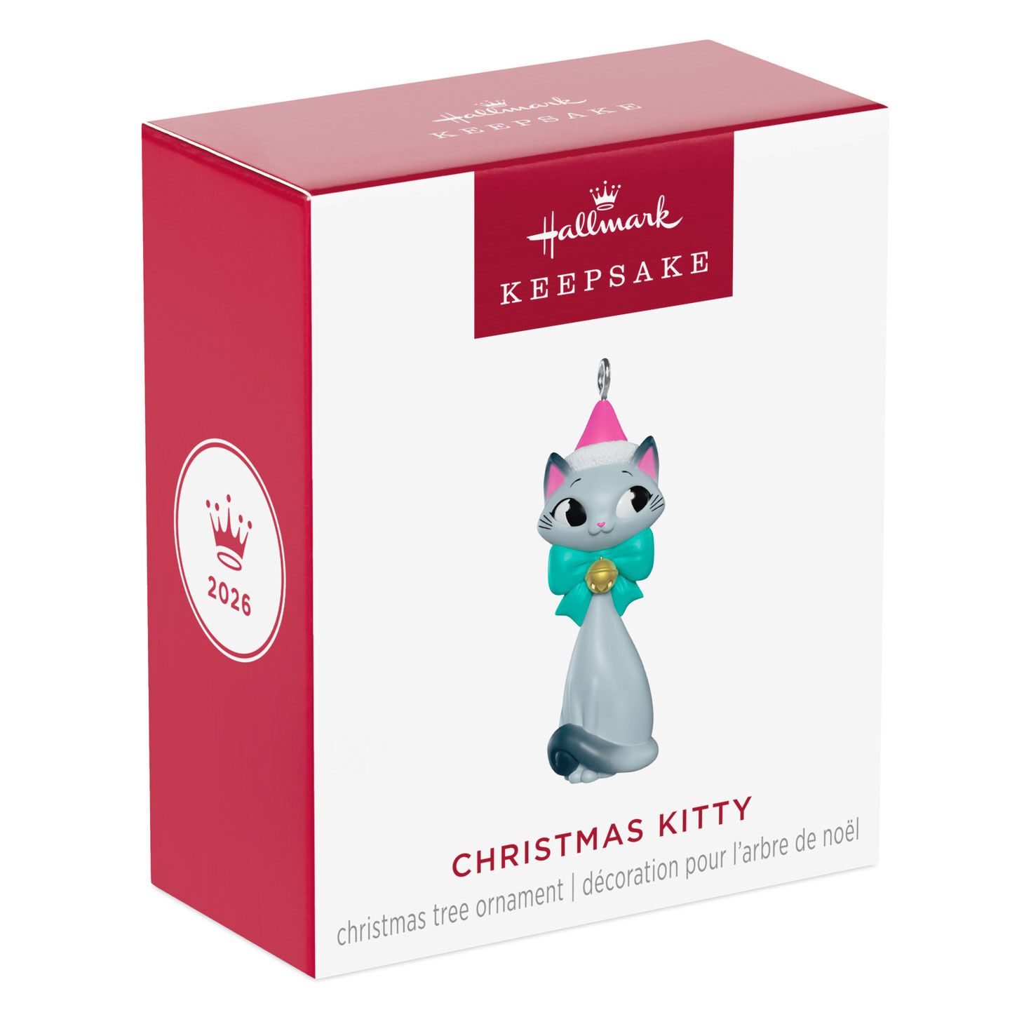 Gray Cat in Santa Hat Green Bow Keepsake Ornament package fornt image number 7