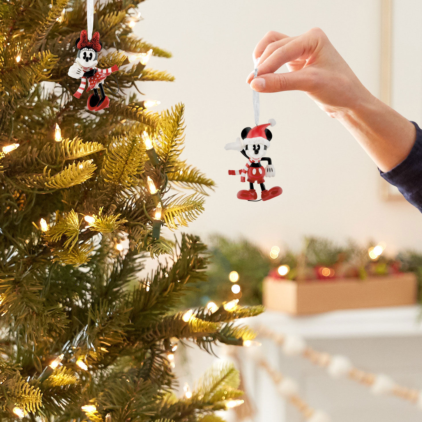 Set of 2 Disney Mickey Minnie Ornaments in Gift Box hand holding item image number 7