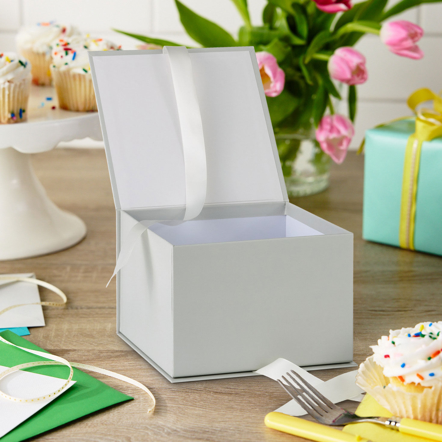 Solid White Large Square Gift Box with Lid in use image number 2