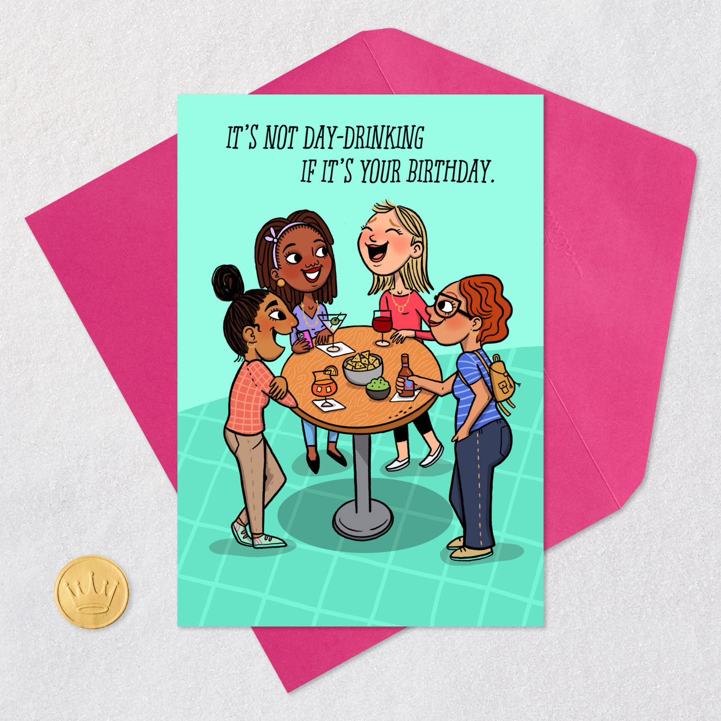 Women at a Bar Day Drinking Funny Birthday Card Card Front with Envelope and Gold Seal image number 5
