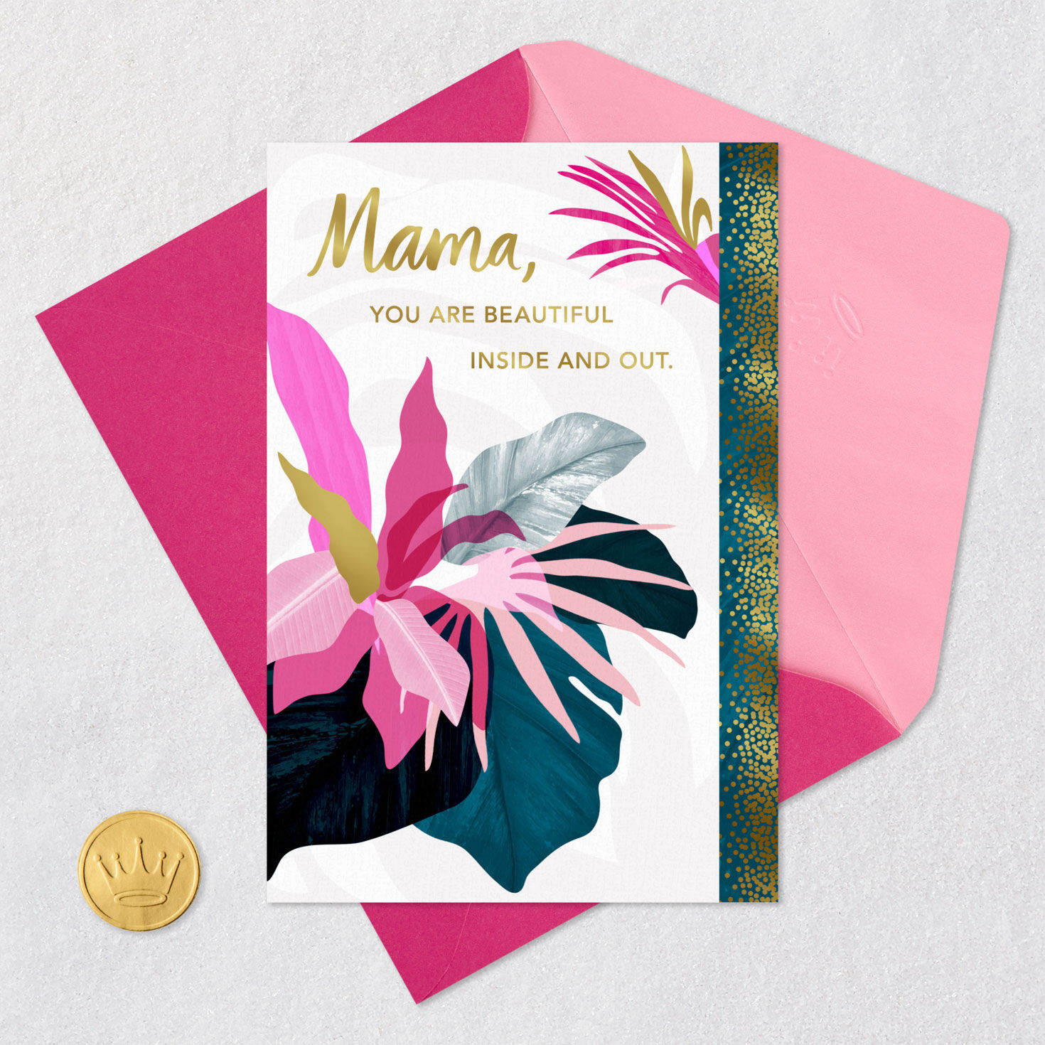 Tropical Flowers and Leaves Mama Birthday Card Card Front with Envelope and Gold Seal image number 5