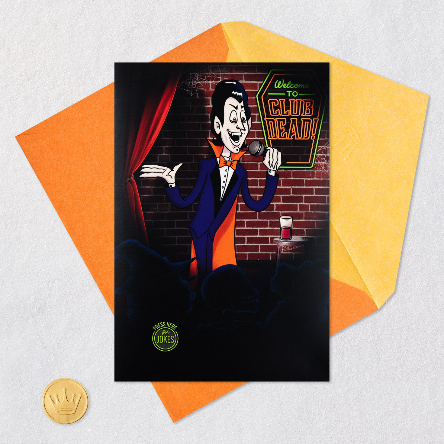 Vampire Comedian Funny Halloween Card With Sound Card Front with Envelope and Gold Seal image number 5