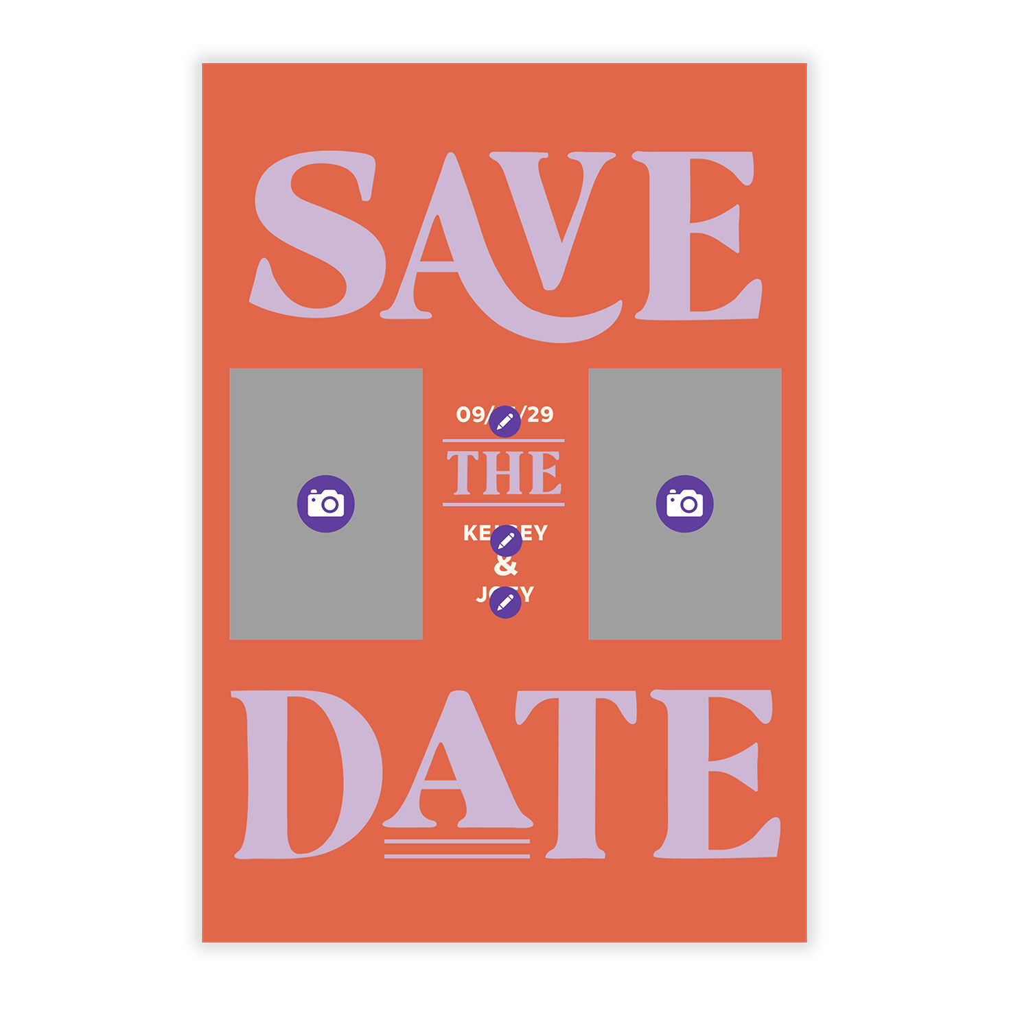 Purple Letters on Orange Personalized Save the Date Card Card Front indicating personalization image number 5