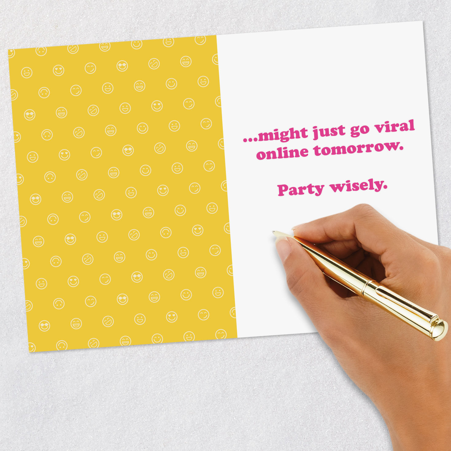 Pink Lettering on Yellow Smiley Face Funny Card signing card image number 6