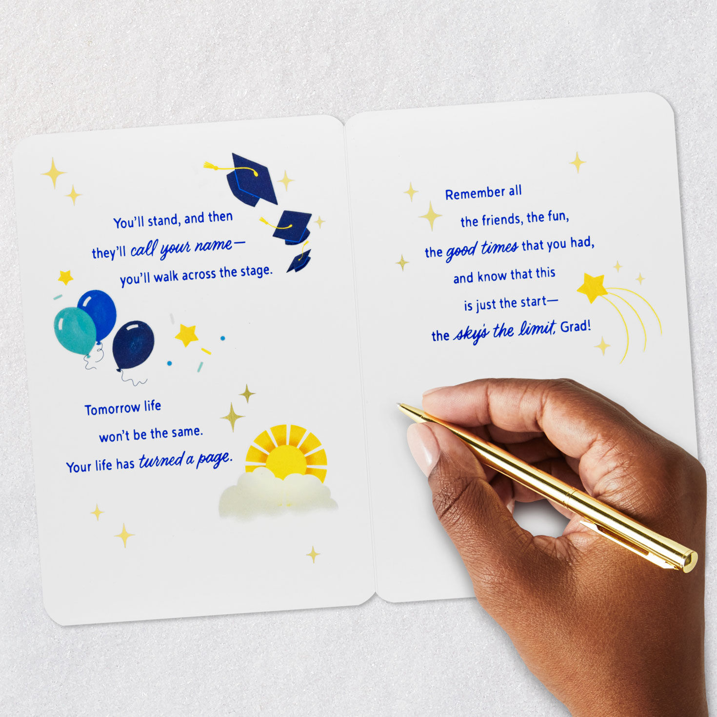 Blue and Gold Grad Icons on White Graduation Card Signing card image number 7