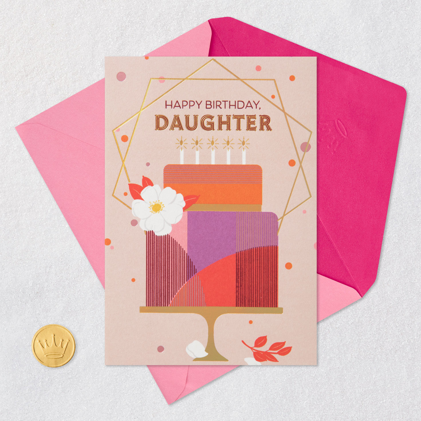 Modern Cake With Candles Daughter Birthday Card Card Front with Envelope and Gold Seal image number 6
