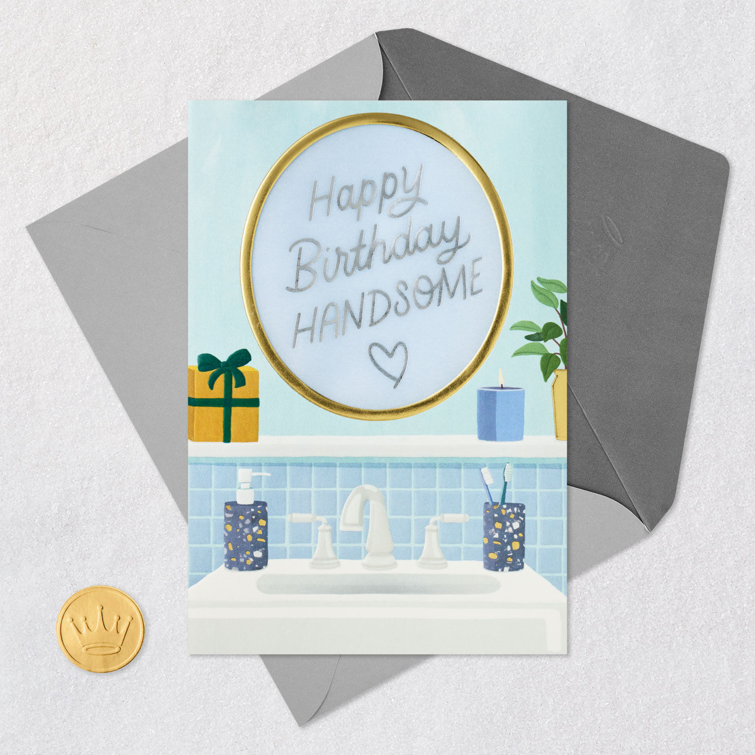 Message in Bathroom Mirror Romantic Birthday Card Card Front with Envelope and Gold Seal image number 5