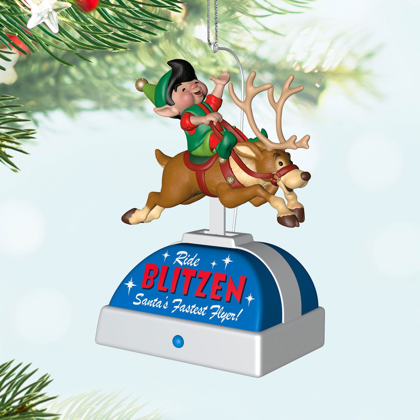 Elf on Reindeer Mechanical Ride Keepsake Ornament hanging on tree image number 2