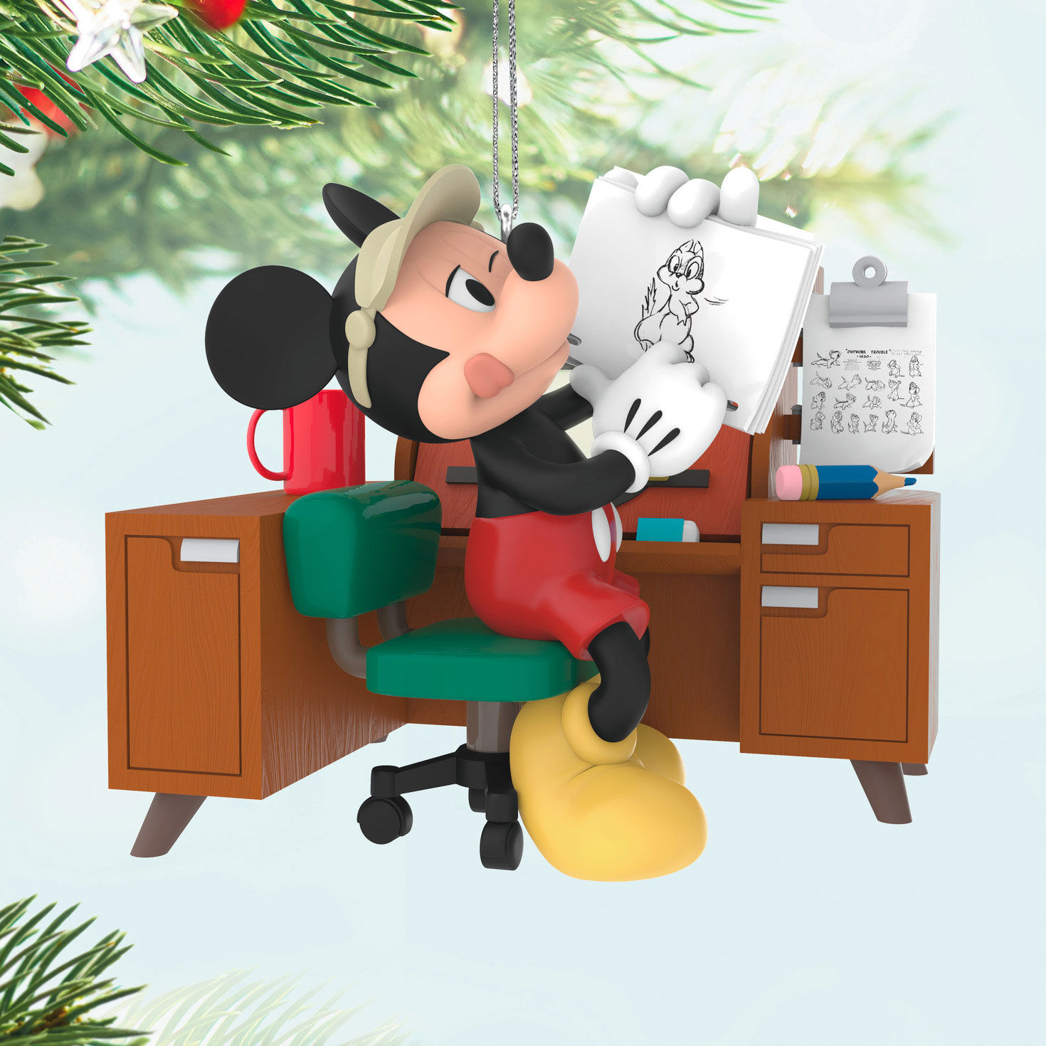 Mickey Sketching at Desk Keepsake Ornament Hanging on tree image number 2