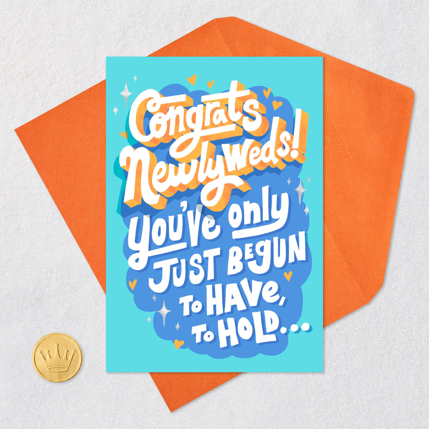 Retro Lettering on Blue Funny Wedding Card Card Front with Envelope and Gold Seal image number 5