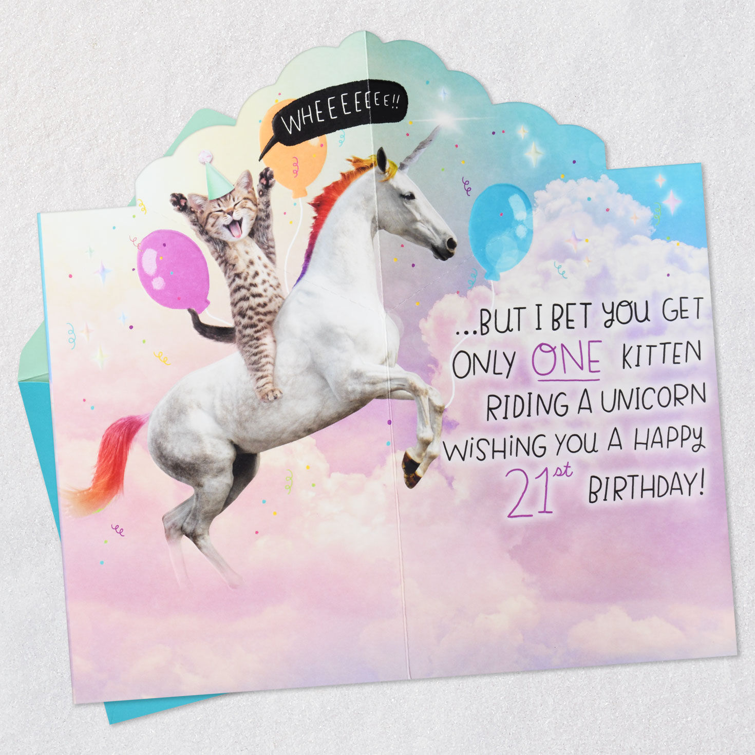 Kitten Riding a Unicorn Pop-Up 21st Birthday Card - Greeting
