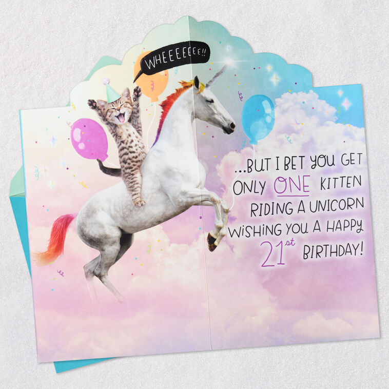 Kitten Riding a Unicorn Pop-Up 21st Birthday Card - Greeting Cards | Hallmark kitten-riding-a-unicorn-pop-up-21st-birthday-card-greeting-cards-hallmark