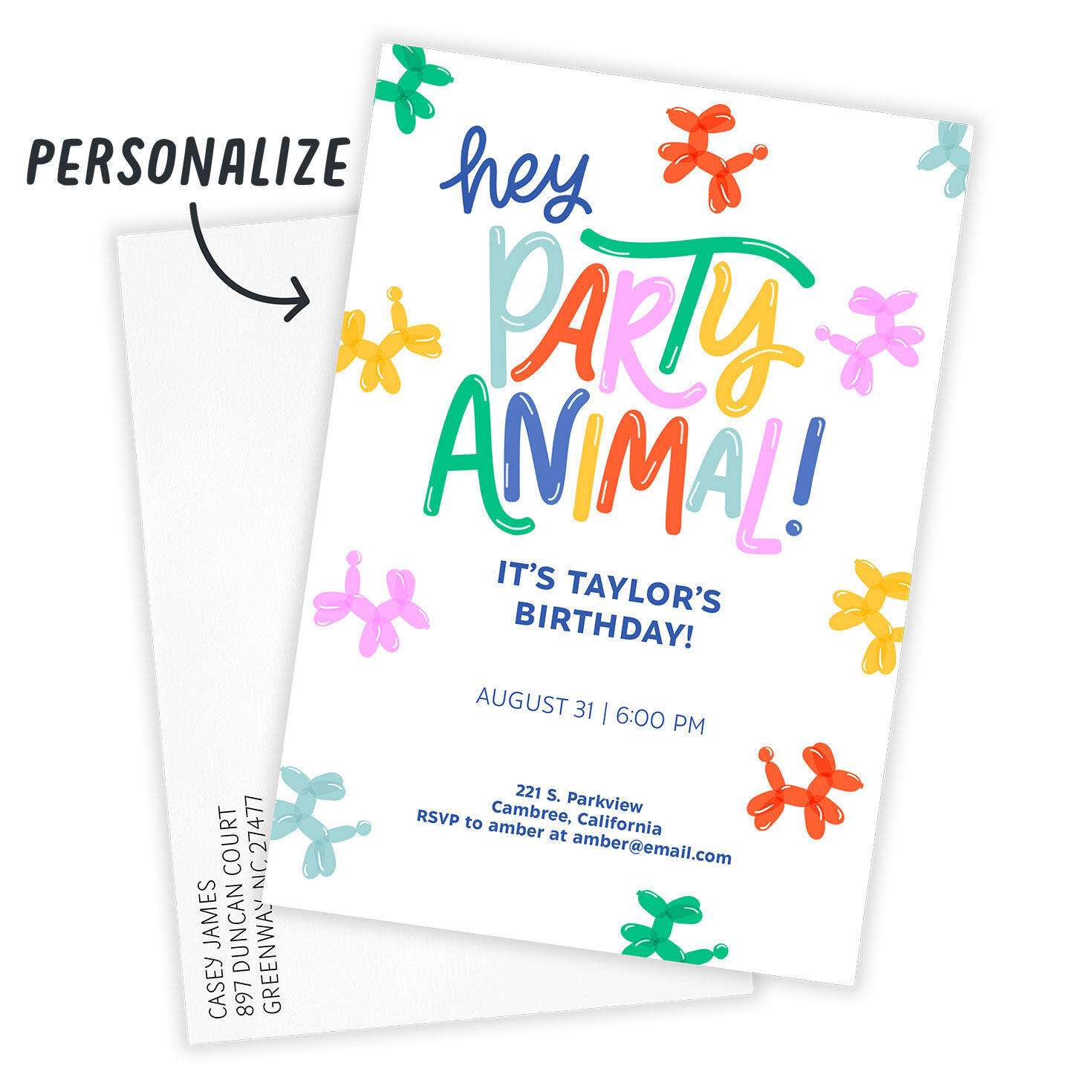 Balloon Animals and Letters Personalized Invitation Card with Envelope indicating personalization image number 2