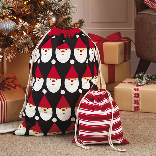 10" and 20" Santa and Stripes 2-Pack Fabric Christmas Gift Bags, 
