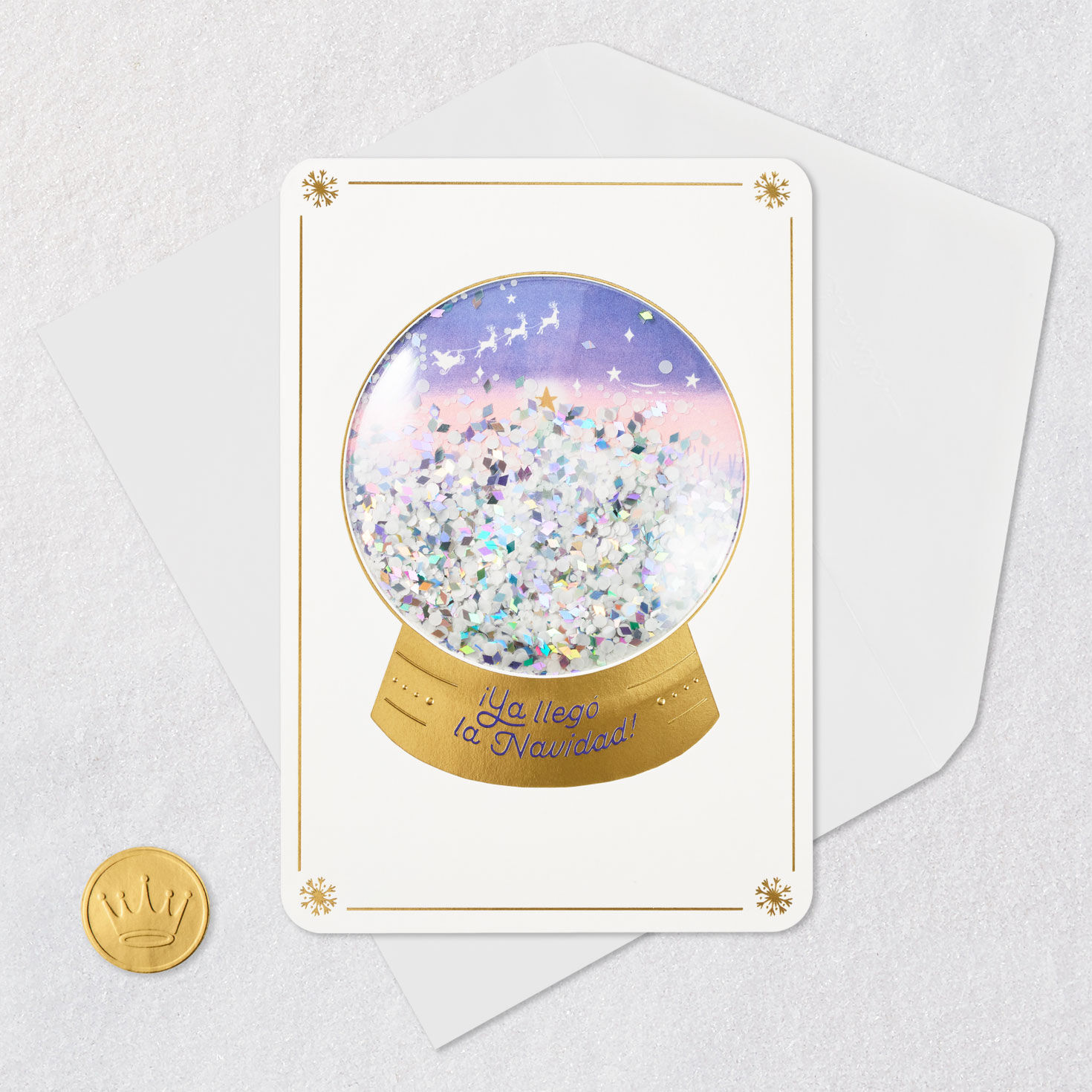 Woodland Snow Globe Christmas Card in Spanish Card Front with Envelope and Gold Seal image number 6