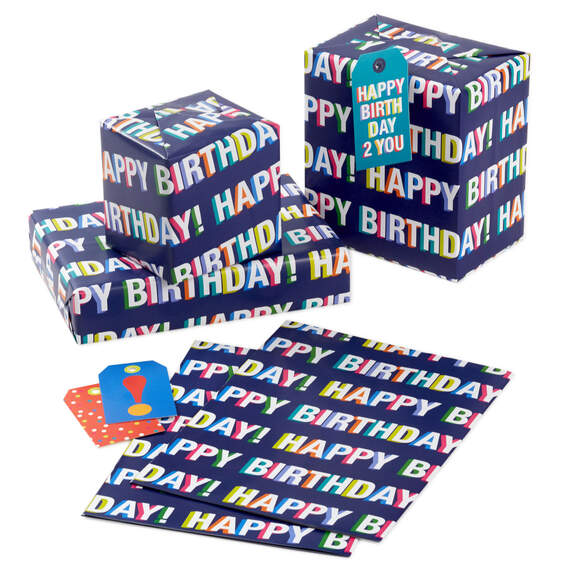 Colorful Shadow Lettering Birthday Flat Wrapping Paper With Gift Tags, 3 sheets, , large image number 2