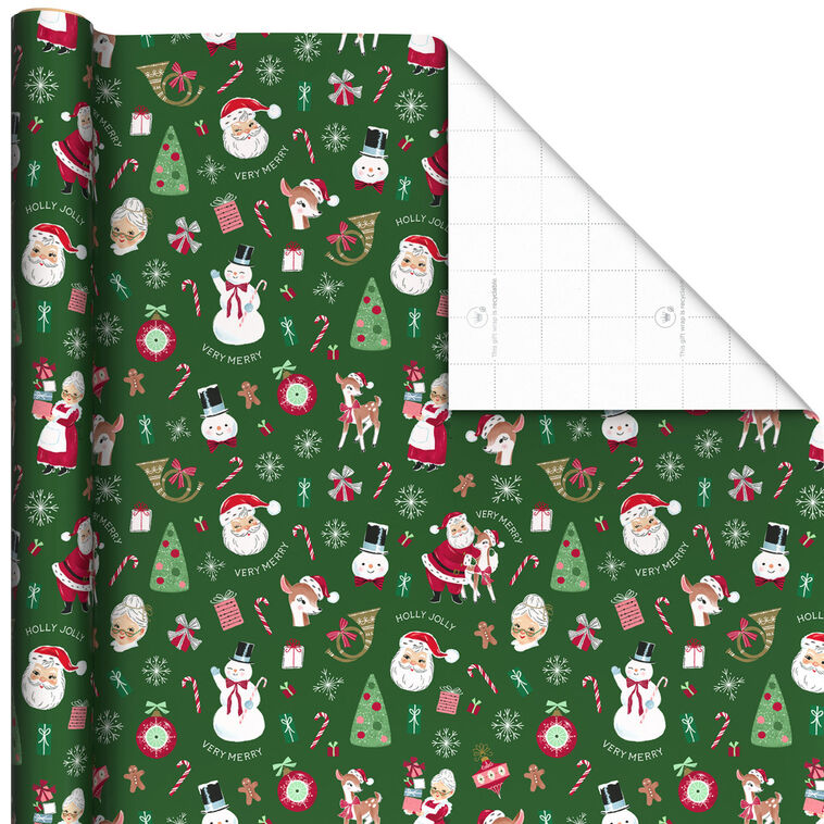 Retro Christmas Friends on Green Wrapping Paper Roll, 35 sq. ft.