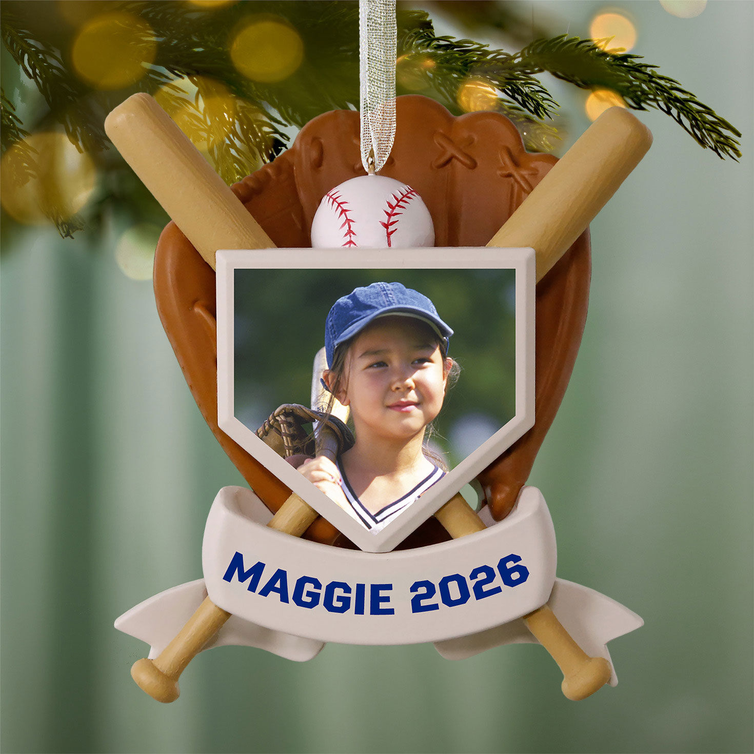 America's Pastime Baseball Personalized Ornament, Custom Photo and Text hanging on tree image number 2