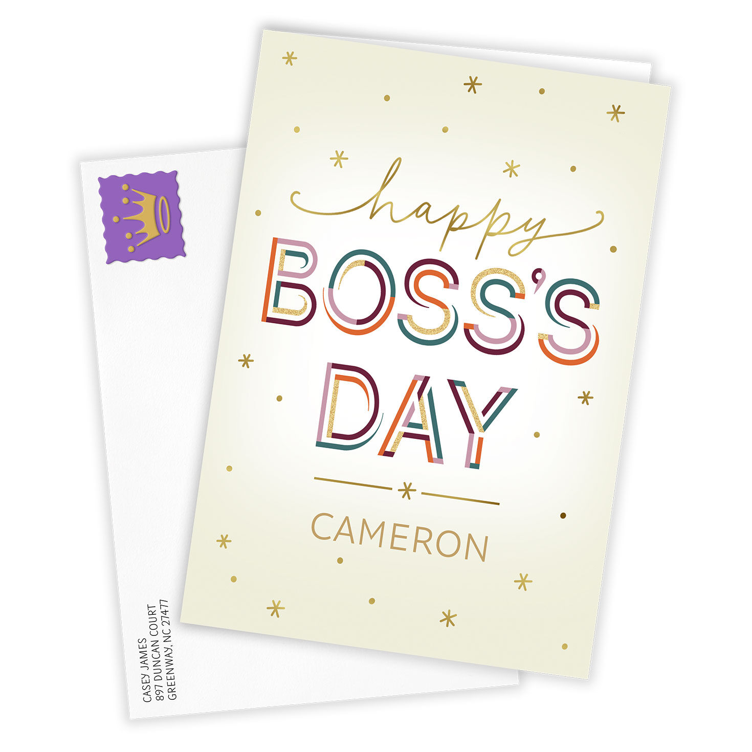 Colored, Gold Letters Personalized Boss's Day Card Card Front with envelope image number 2