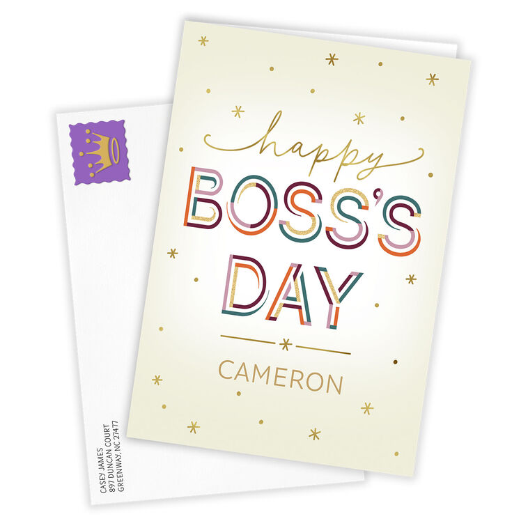 Colored, Gold Letters Personalized Boss's Day Card Card Front with envelope image number 2