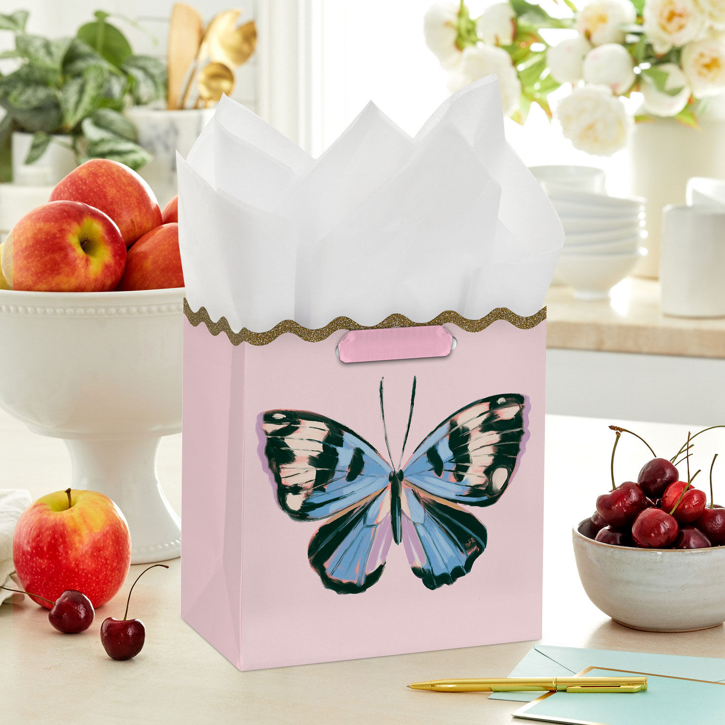 Blue Butterfly on Pink Medium Gift Bag in use image number 2