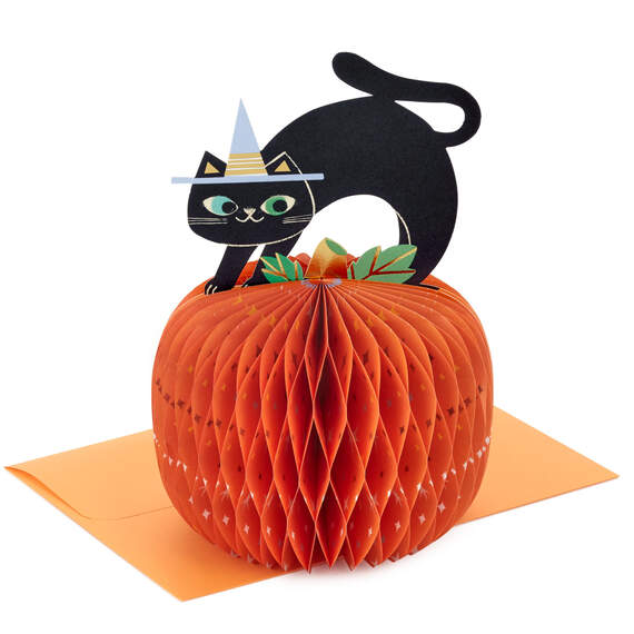 Black Cat on Pumpkin Honeycomb 3D Pop-Up Halloween Card