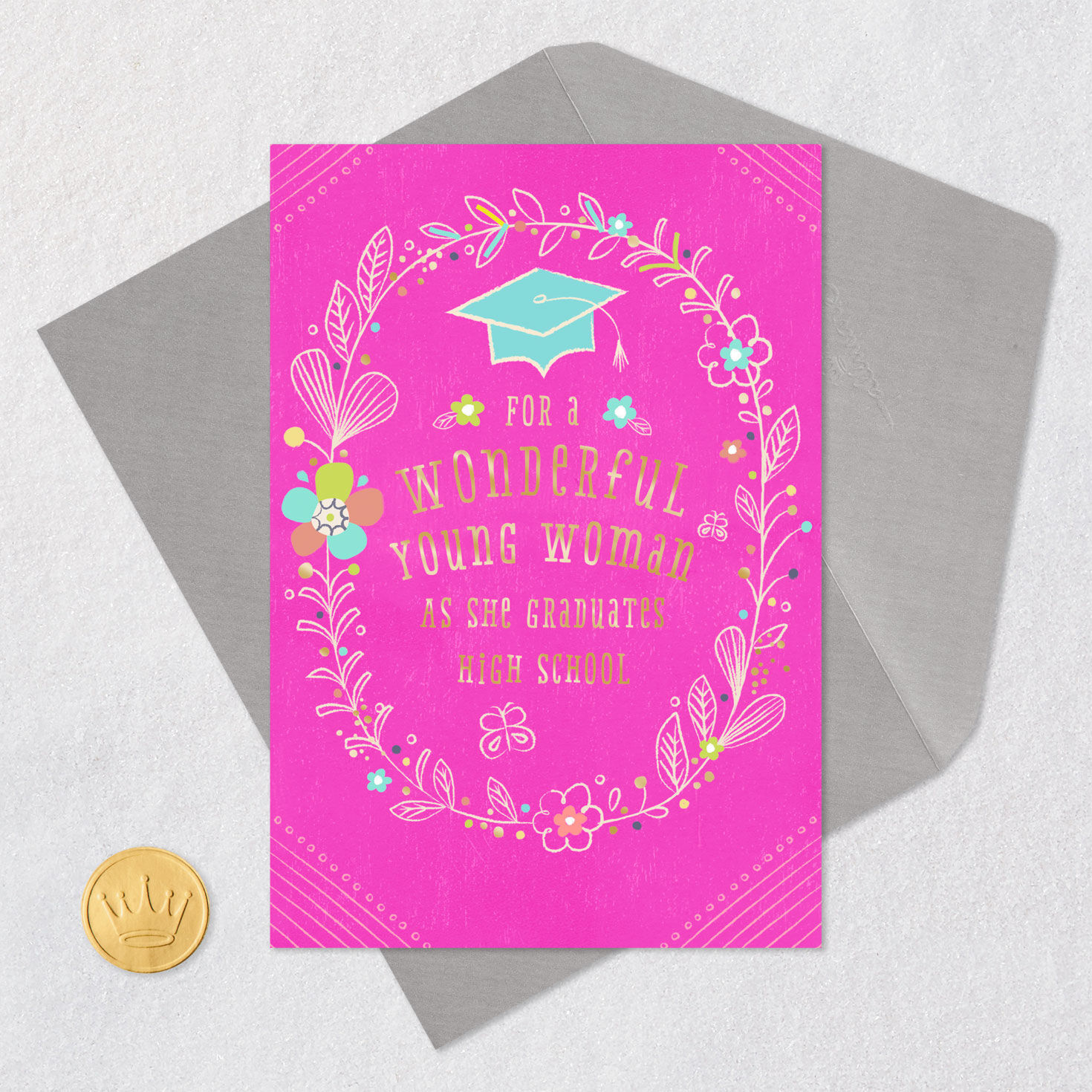 Floral Wreath High School Graduation Card for Her Card Front with Envelope and Gold Seal image number 6