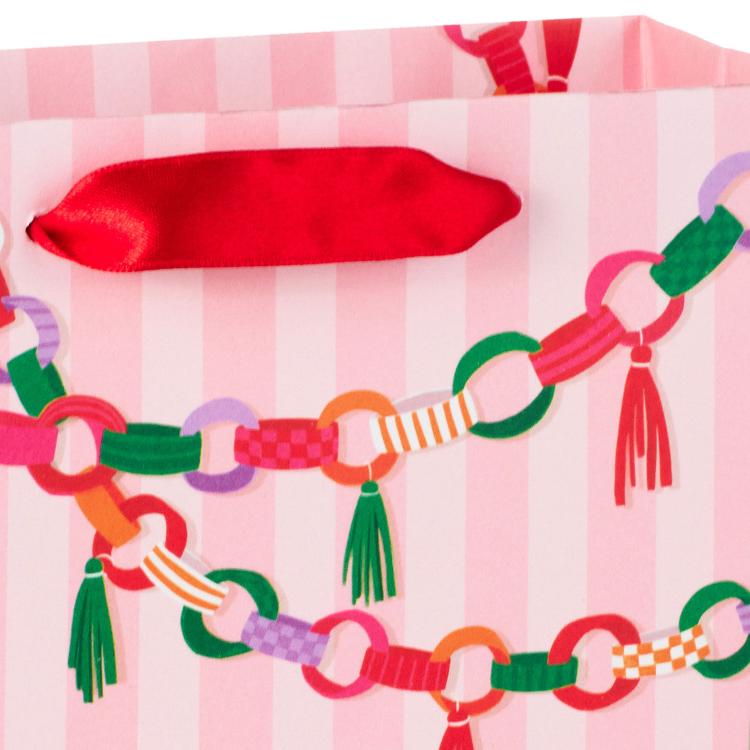 Paper Chains on Pink Stripes Small Holiday Gift Bag Handle Detail image number 4