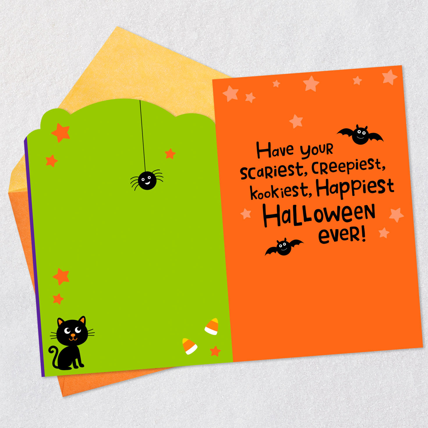 Cute Ghost With Pumpkin Bucket Kids Halloween Card Open card with envelope image number 3
