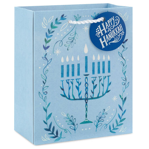 6.5" Tree of Life Menorah on Blue Small Hanukkah Gift Bag, 