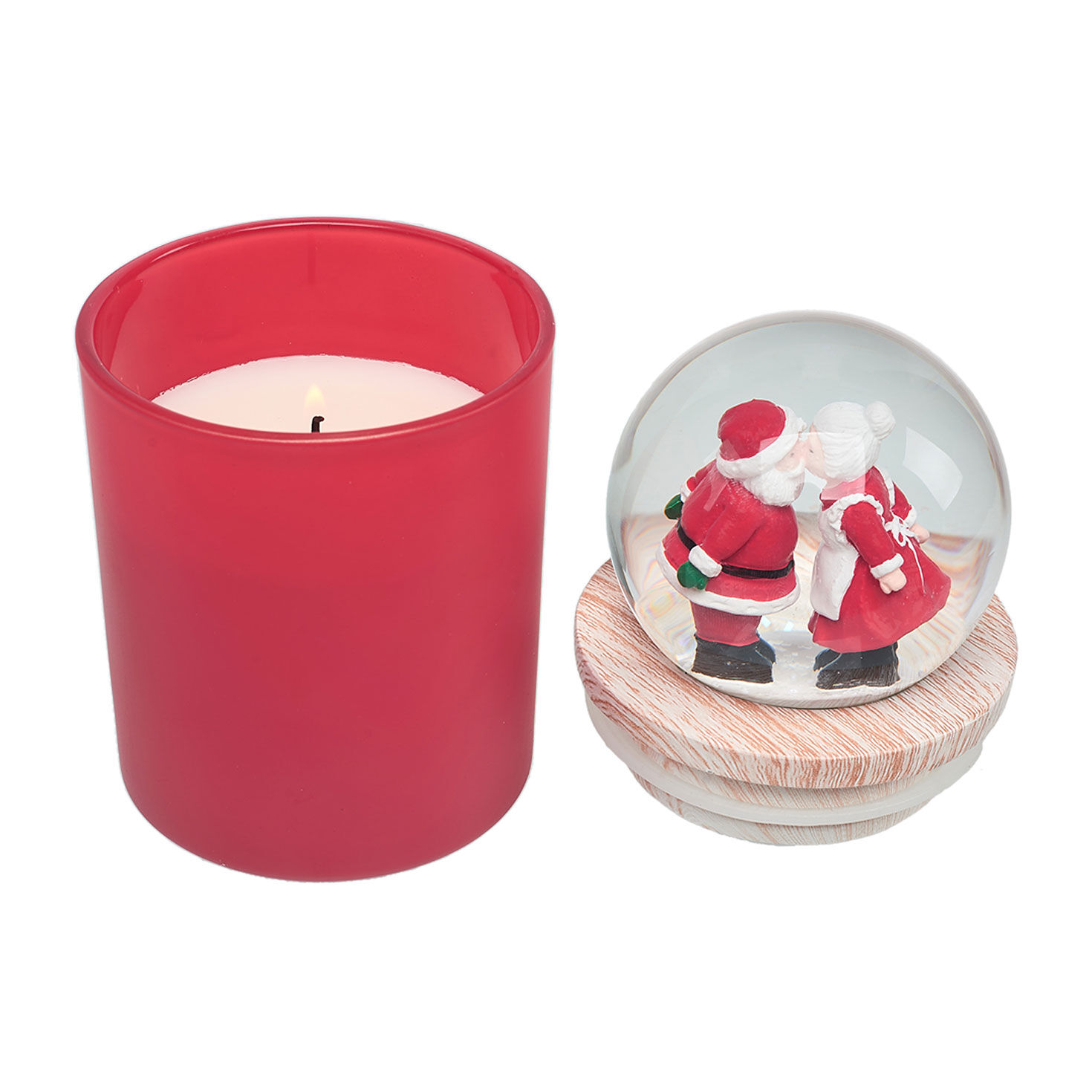 Red Peppermint Candle Santa and Mrs. Claus Snow Globe lid off lit image number 2