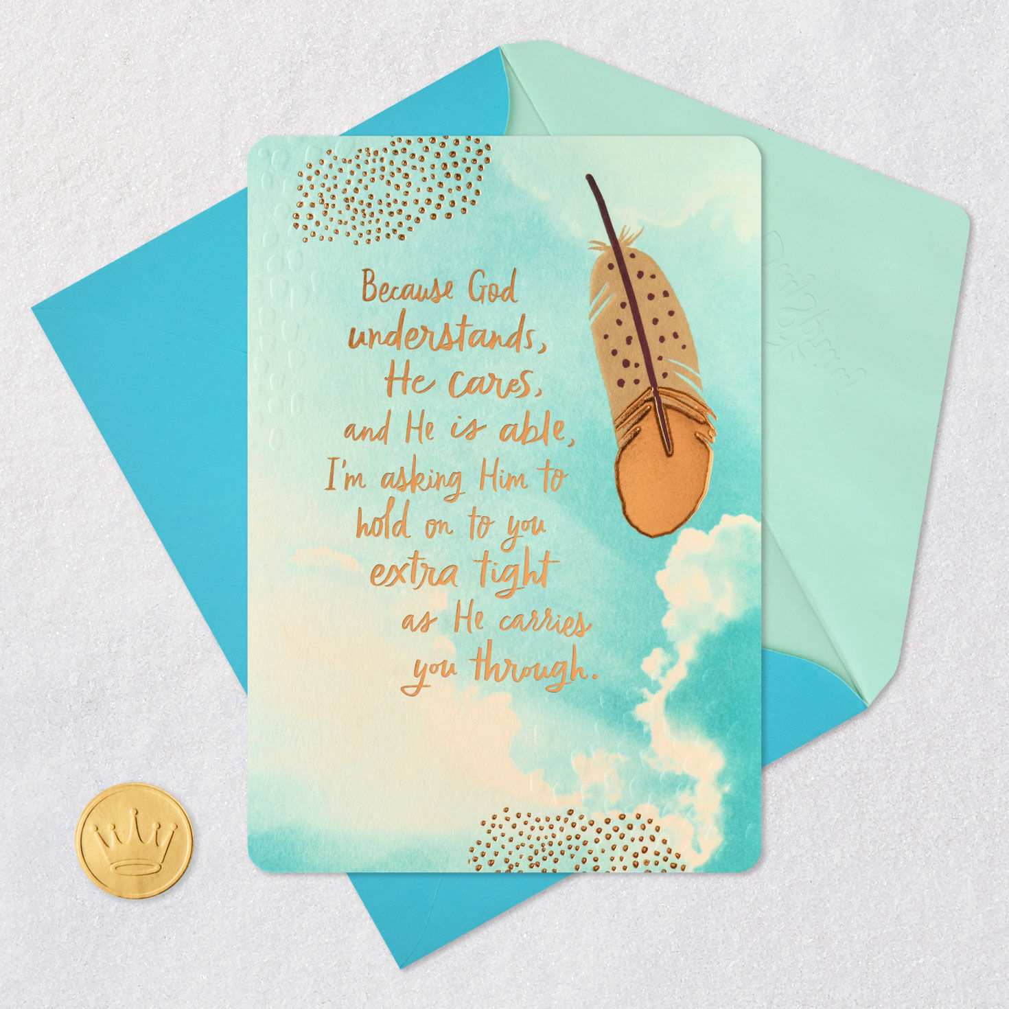 Feather in Blue Sky Christian Thinking of You Card Card Front with Envelope and Gold Seal image number 5