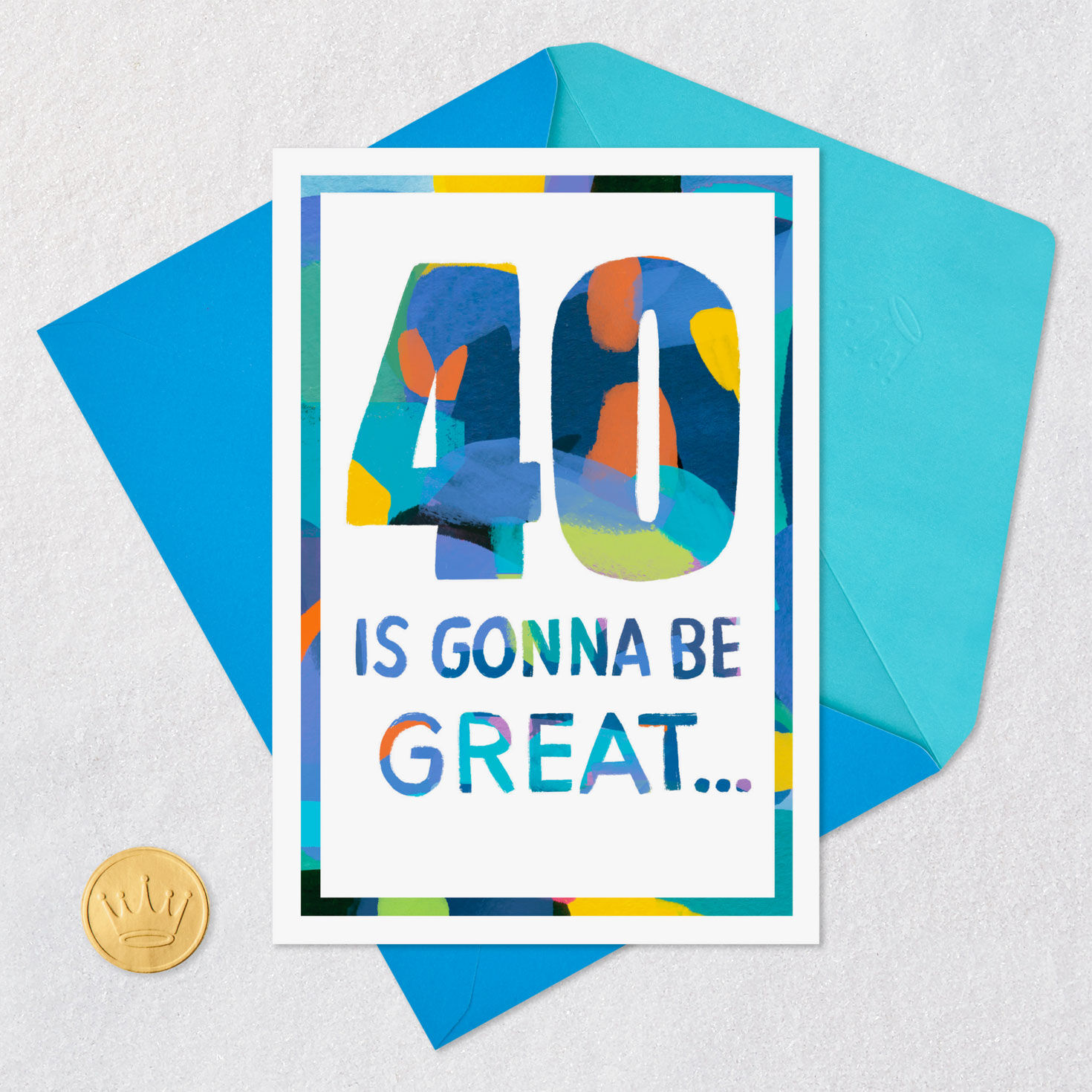Orange, Blue and Teal on White 40th Birthday Card Card Front with Envelope and Gold Seal image number 5