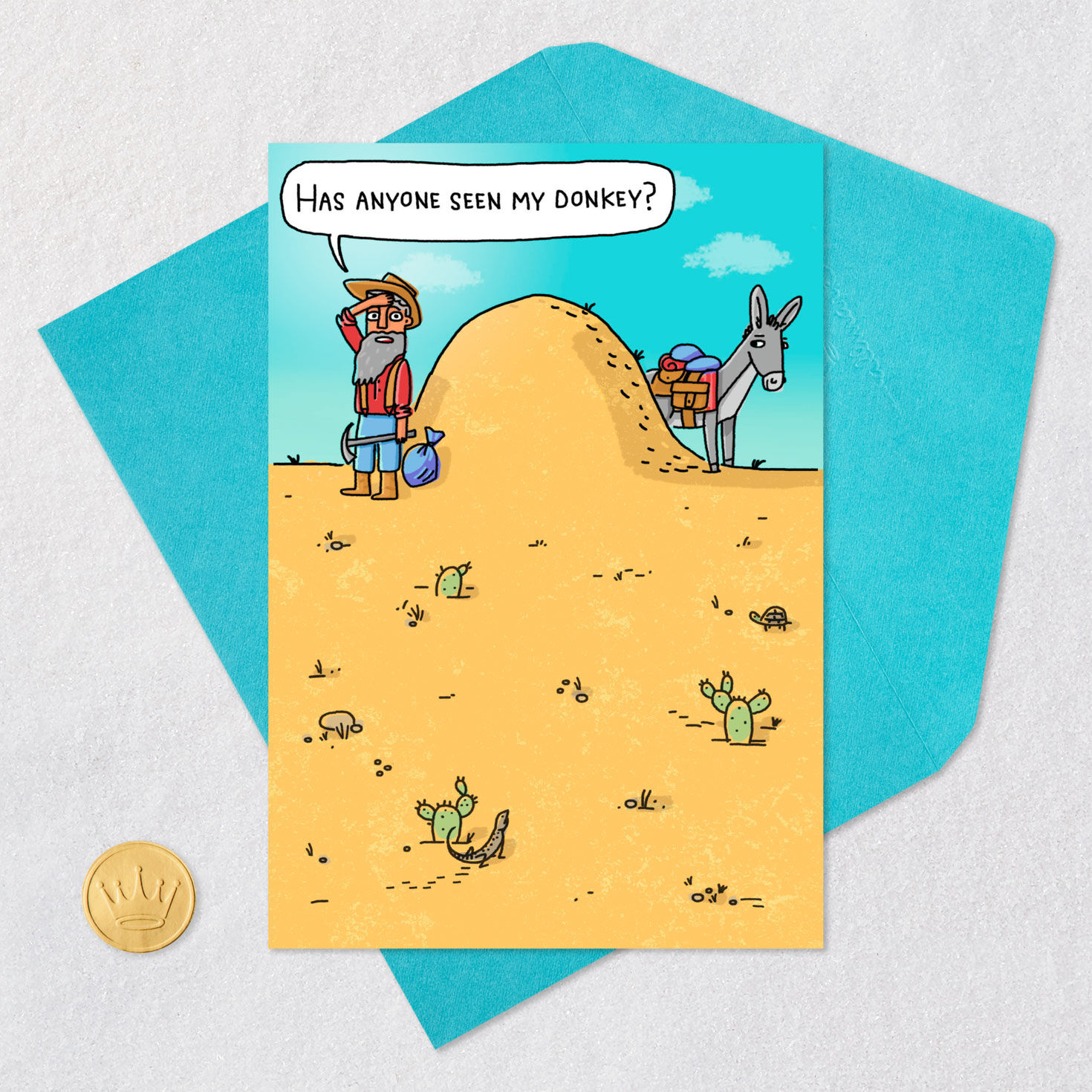 Donkey and Miner in Desert Funny Birthday Card Card Front with Envelope and Gold Seal image number 5