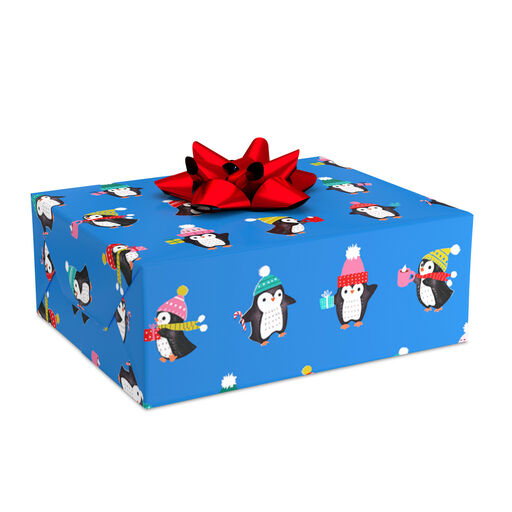 Holiday Penguins on Blue Christmas Wrapping Paper, 90 sq. ft., 