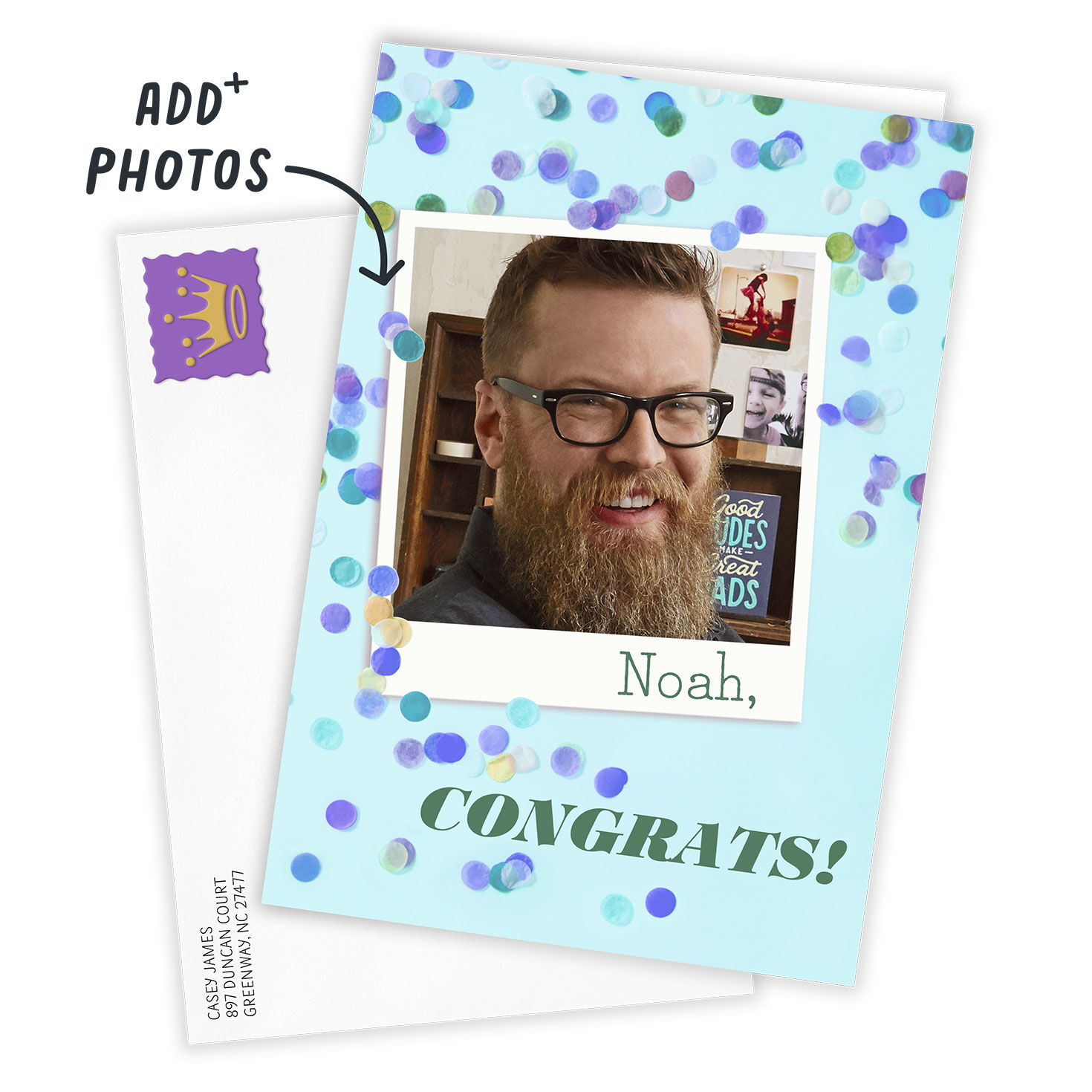 Blue Purple Confetti Personalized Congrats Card Card Front with Envelope image number 2