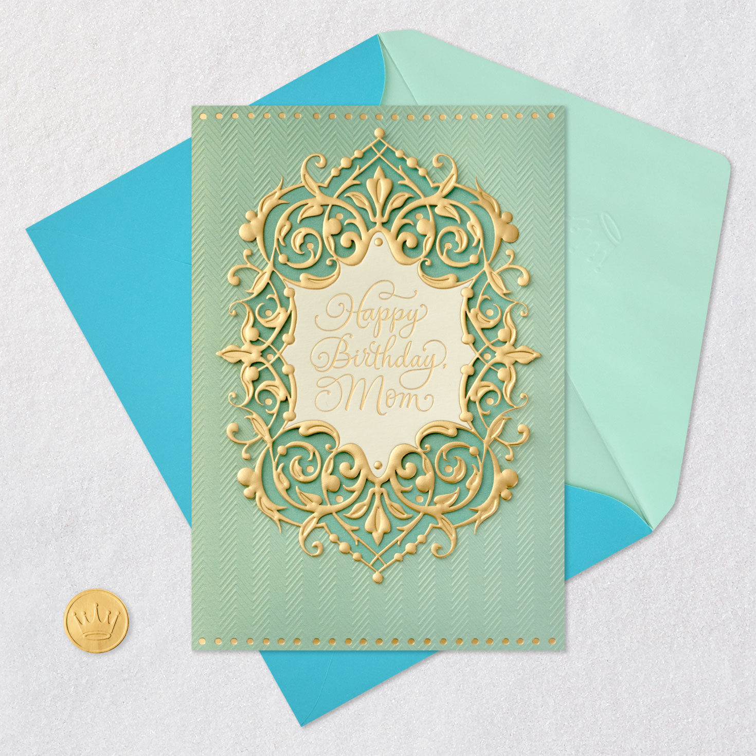 Ornate Gold Frame on Blue Birthday Card for Mom Card Front with Envelope and Gold Seal image number 6