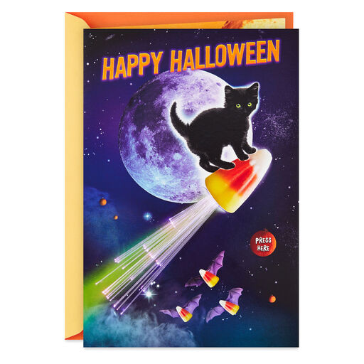 Cat on Light-Up Rocket Funny Musical Halloween Card, 
