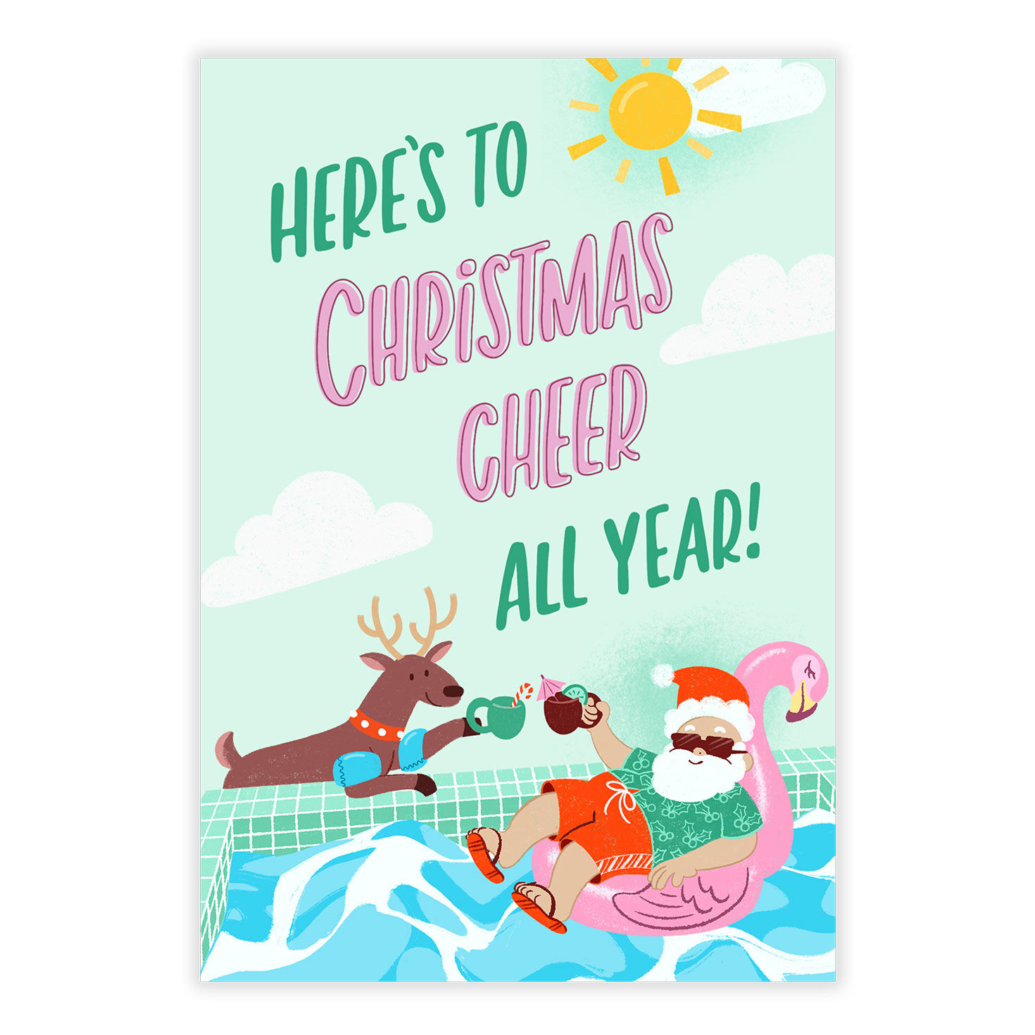 Santa Reindeer in Pool Personalized Christmas Card front image number 2
