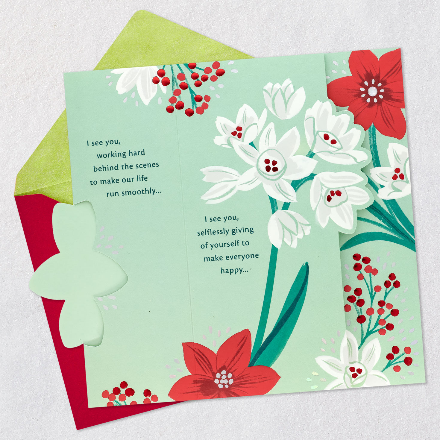 Red and White Flowers Christmas Card for Wife Open card with envelope image number 4